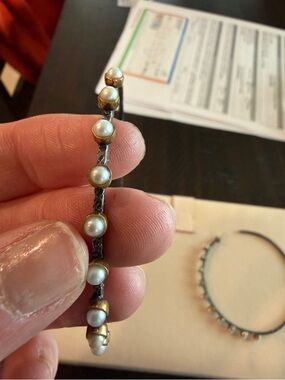 BORA artisan hoop earrings: oxidized silver, brass and pearl.